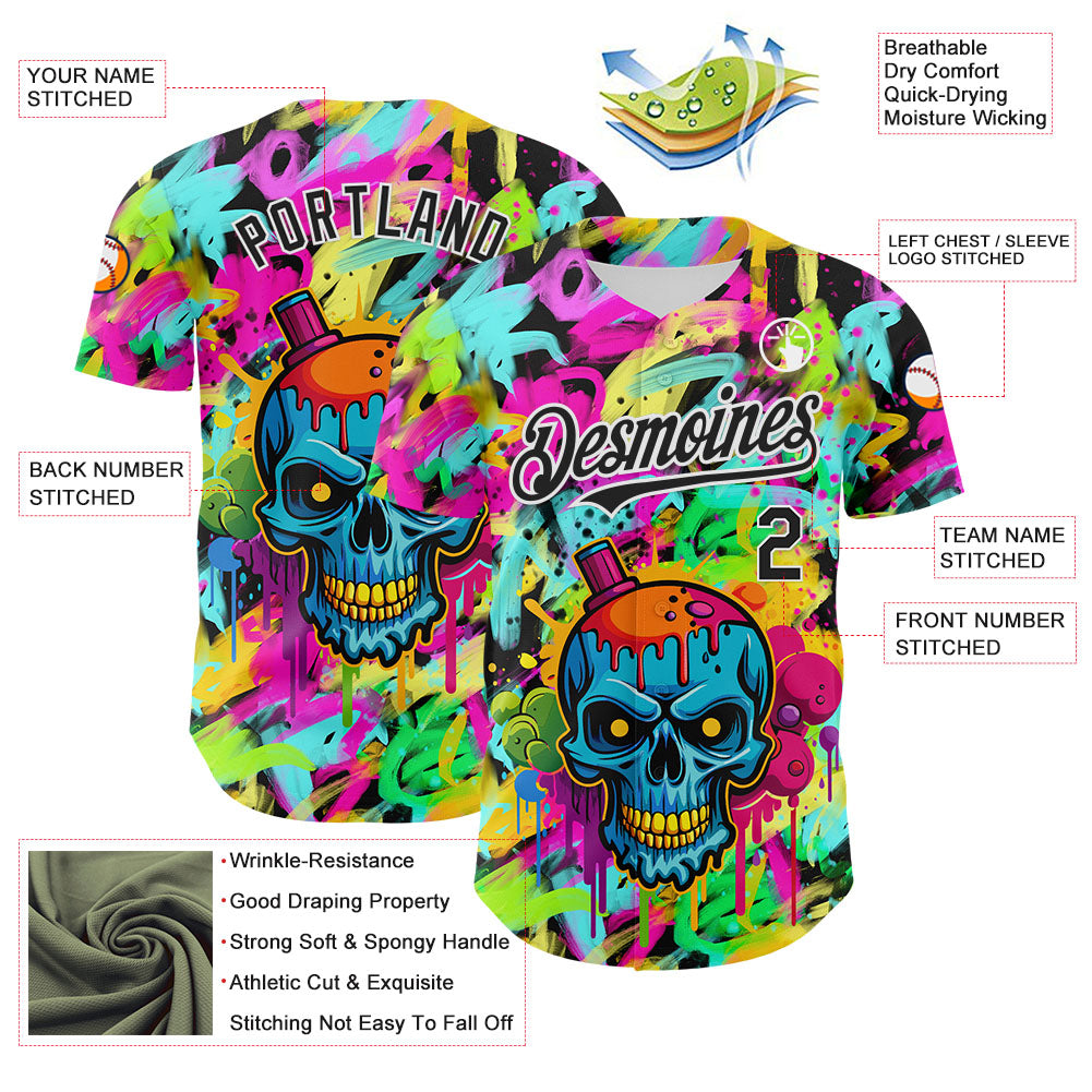 Custom Black White 3D Graffiti Skull Authentic Baseball Jersey view 3