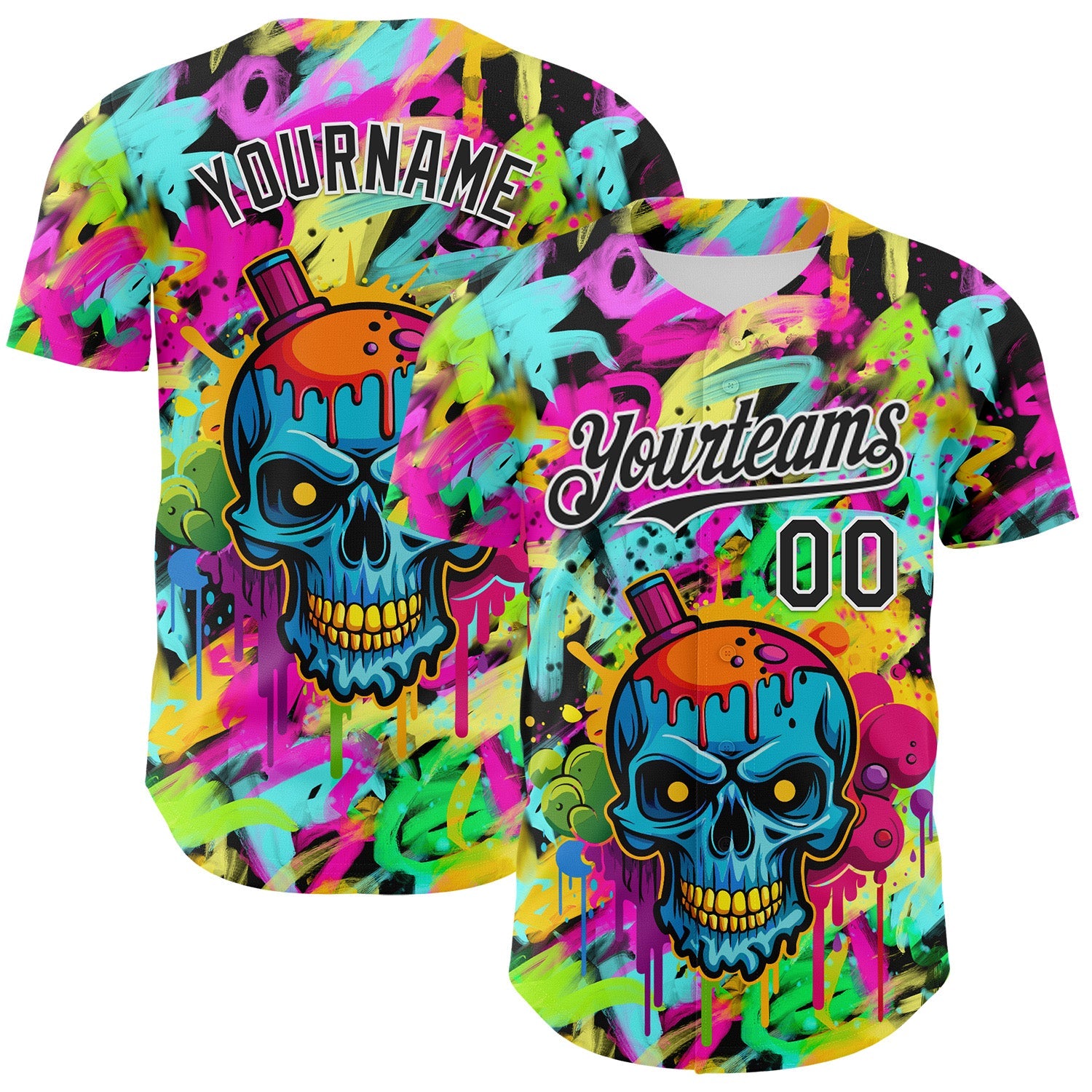 Custom Black White 3D Graffiti Skull Authentic Baseball Jersey - Main View