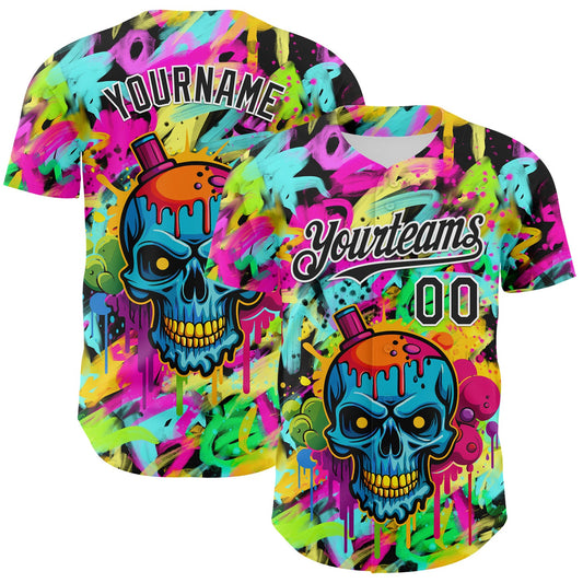 Custom Black White 3D Graffiti Skull Authentic Baseball Jersey - Main View