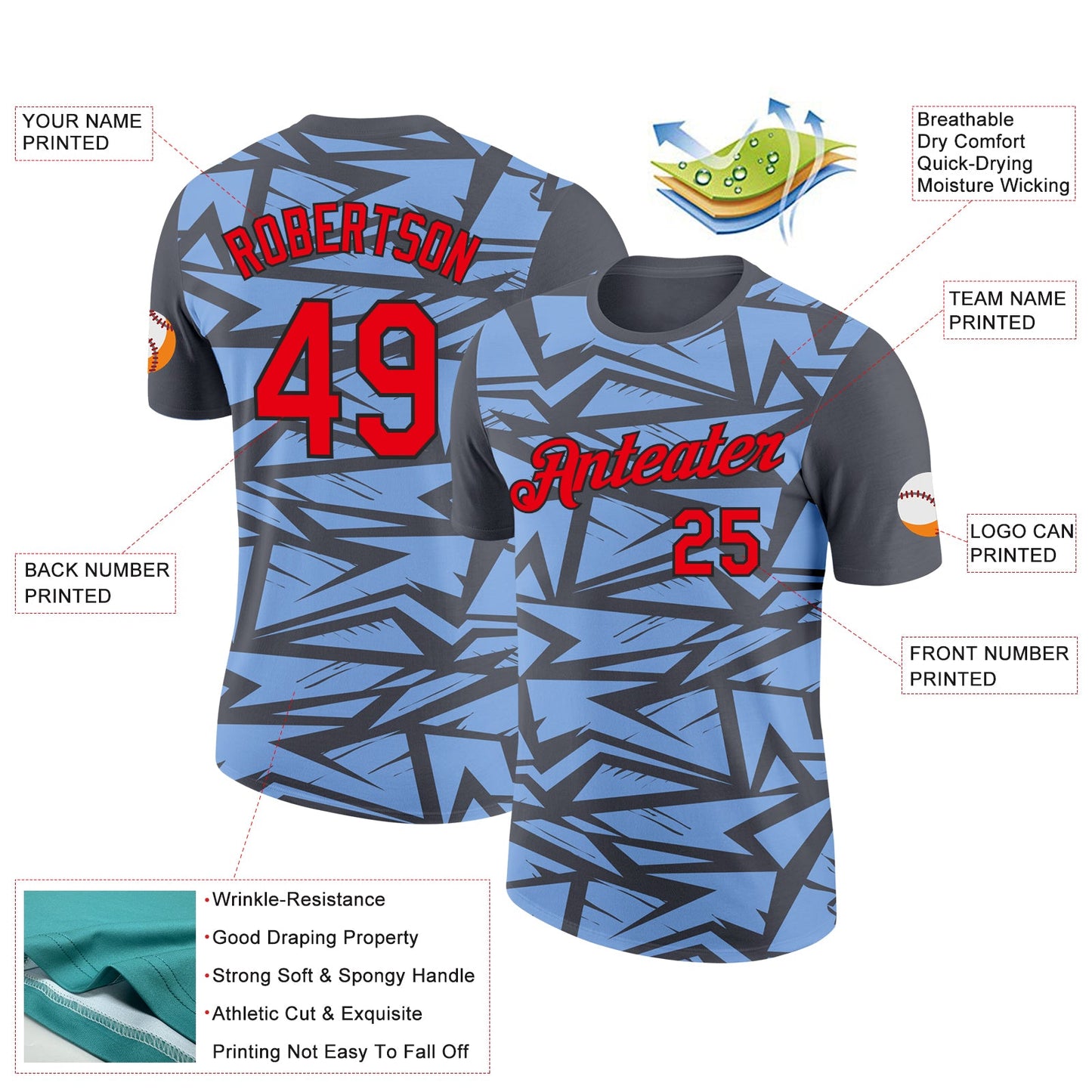 Custom Steel Gray Fire Red Light Blue-Black 3D Esports Performance T-Shirt view 2