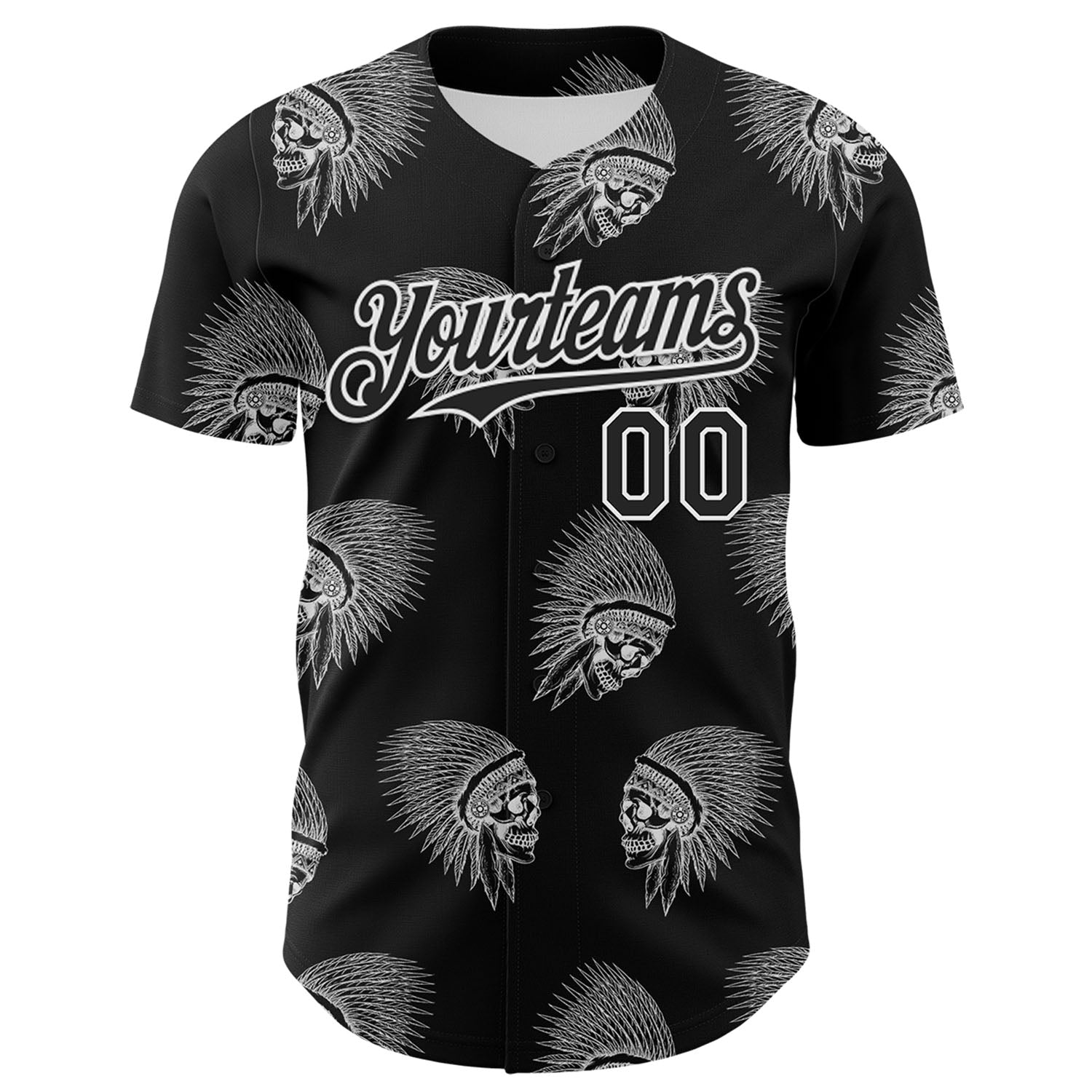 Custom Black White 3D Apache Skull Authentic Baseball Jersey view 2