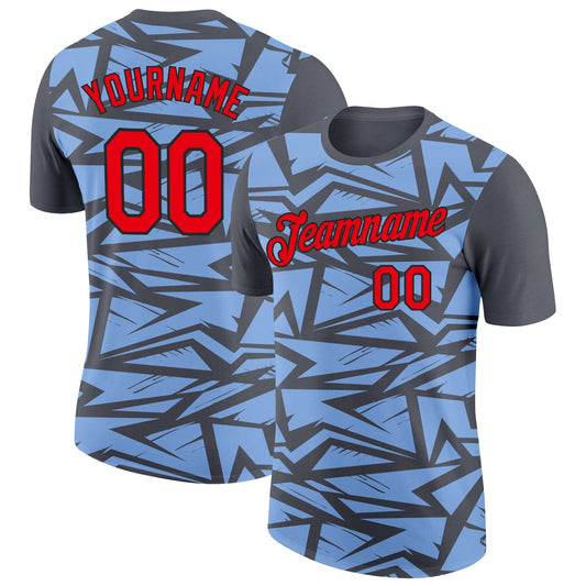 Custom Steel Gray Fire Red Light Blue-Black 3D Esports Performance T-Shirt - Main View