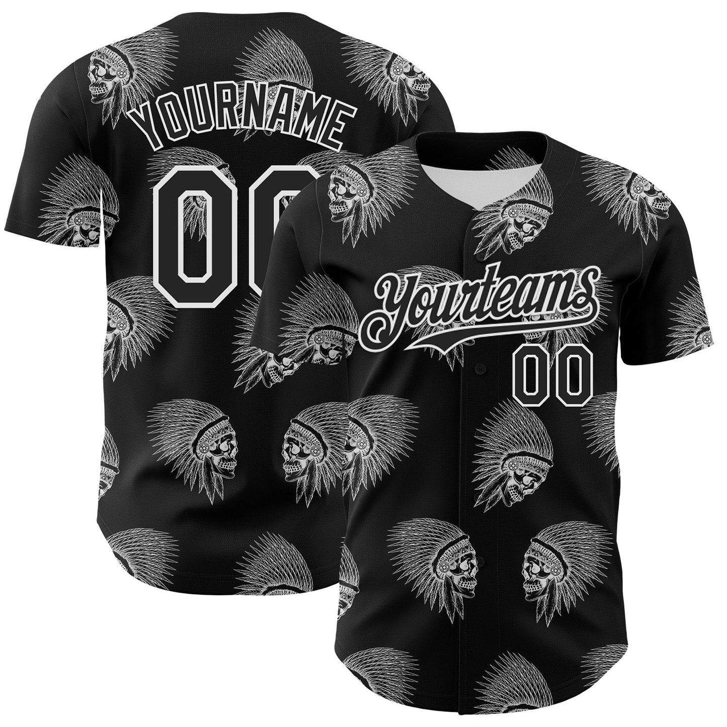 Custom Black White 3D Apache Skull Authentic Baseball Jersey - Main View