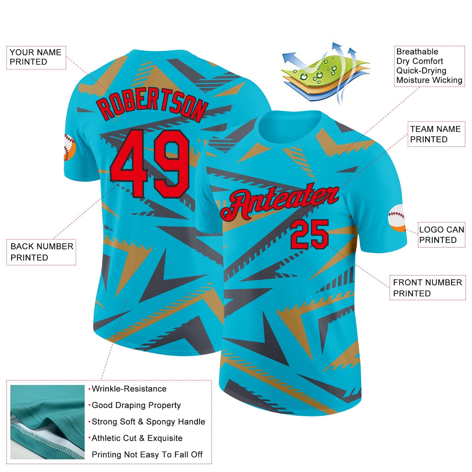 Custom Lakes Blue Fire Red Steel Gray Old Gold-Black 3D Esports Performance T-Shirt view 2