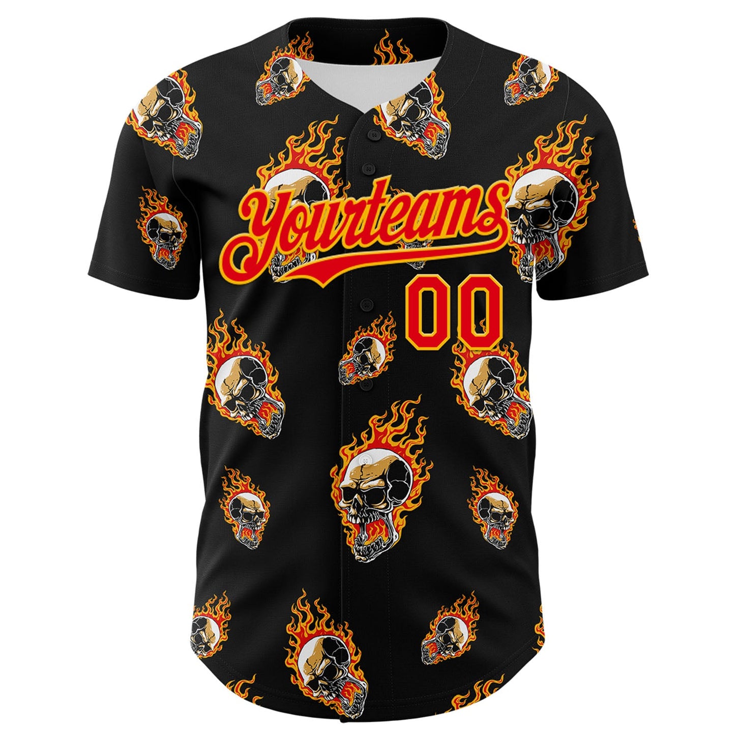 Custom Black Fire Red-Gold 3D Flame Skull Authentic Baseball Jersey view 2