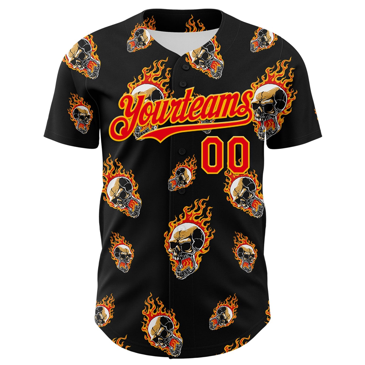 Custom Black Fire Red-Gold 3D Flame Skull Authentic Baseball Jersey view 2