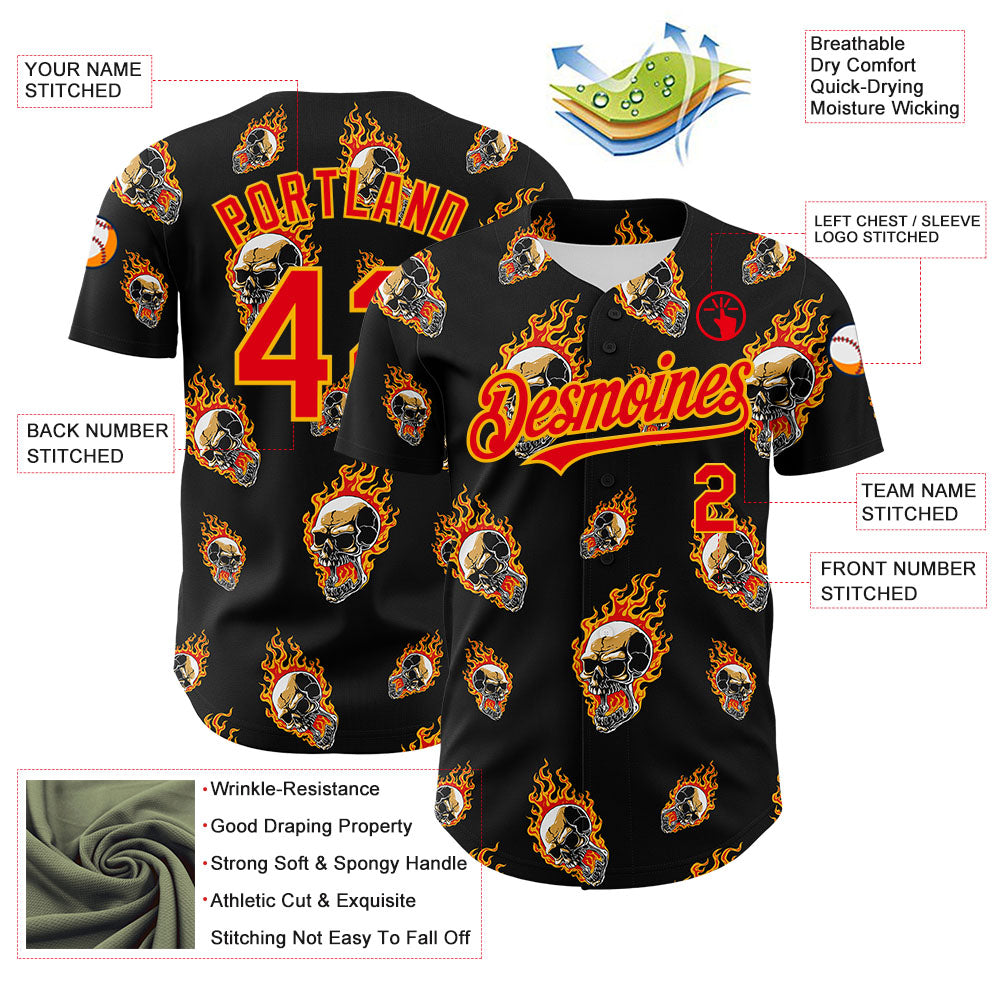 Custom Black Fire Red-Gold 3D Flame Skull Authentic Baseball Jersey view 3