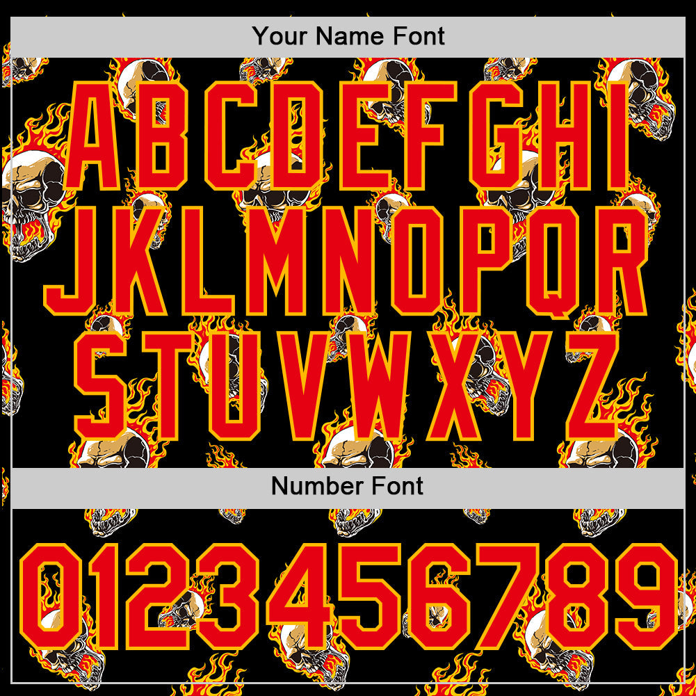Custom Black Fire Red-Gold 3D Flame Skull Authentic Baseball Jersey view 5