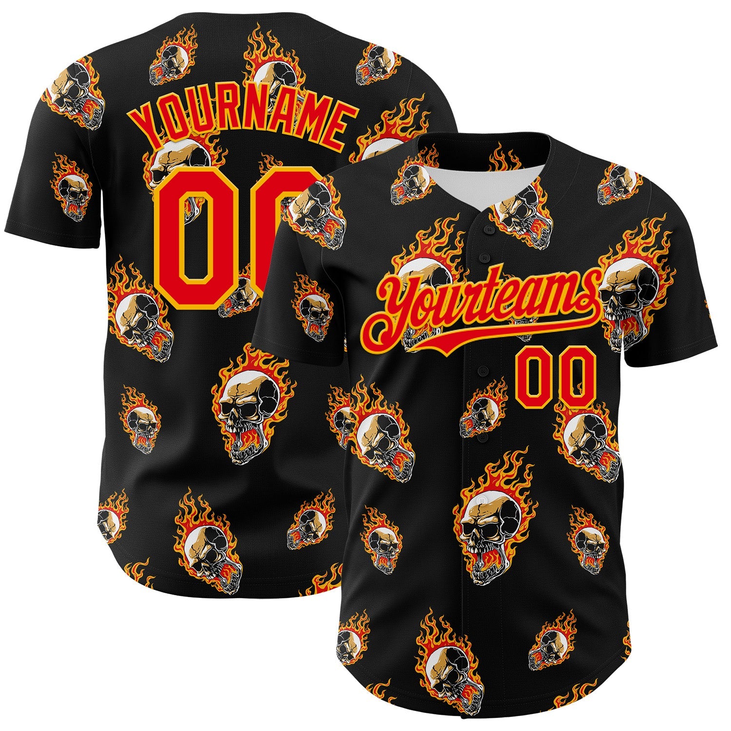 Custom Black Fire Red-Gold 3D Flame Skull Authentic Baseball Jersey - Main View