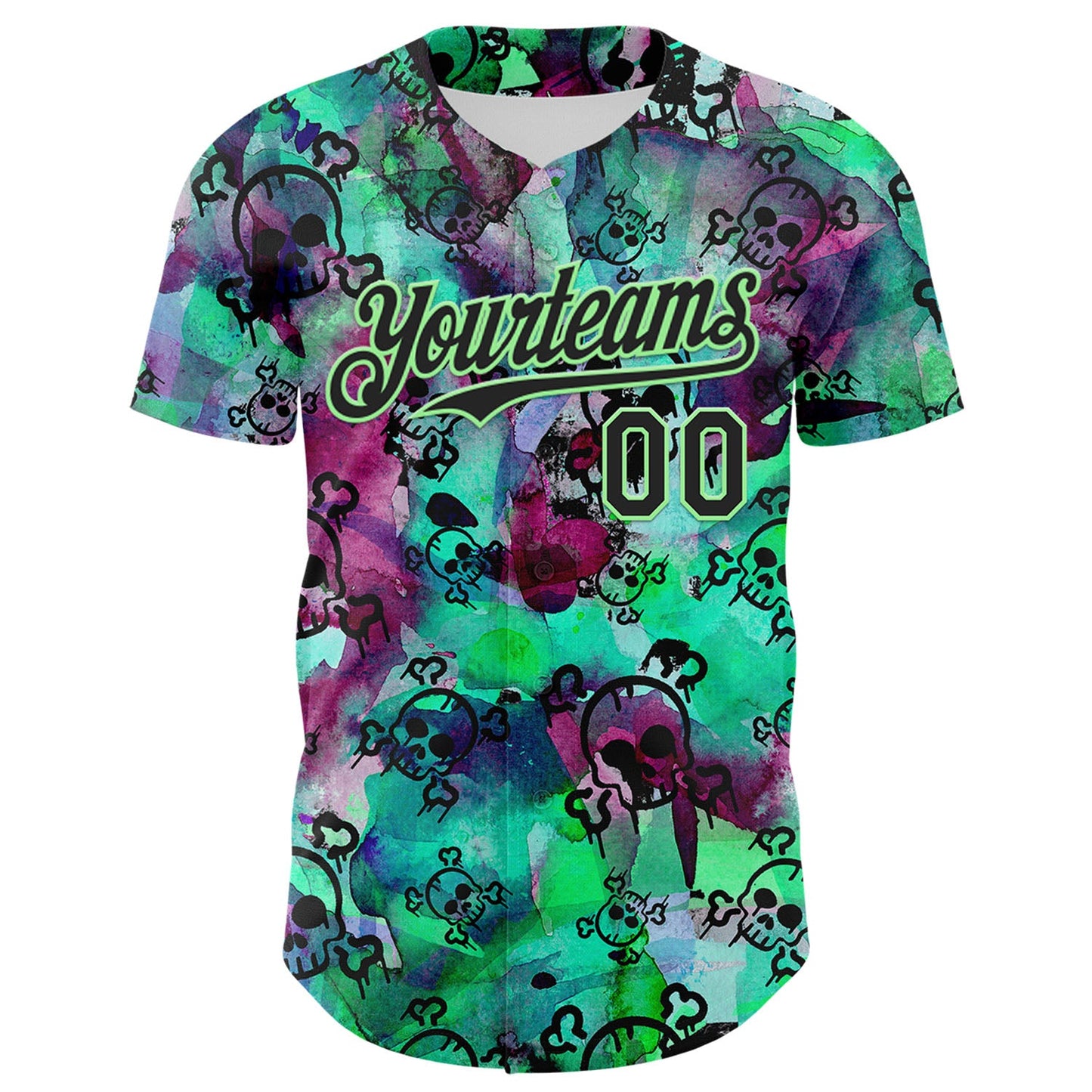 Custom Pea Green Black 3D Graffiti Skull Authentic Baseball Jersey view 2