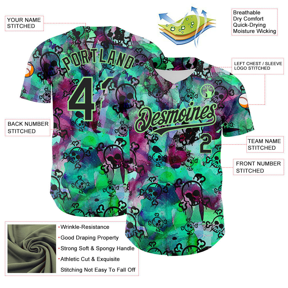 Custom Pea Green Black 3D Graffiti Skull Authentic Baseball Jersey view 3