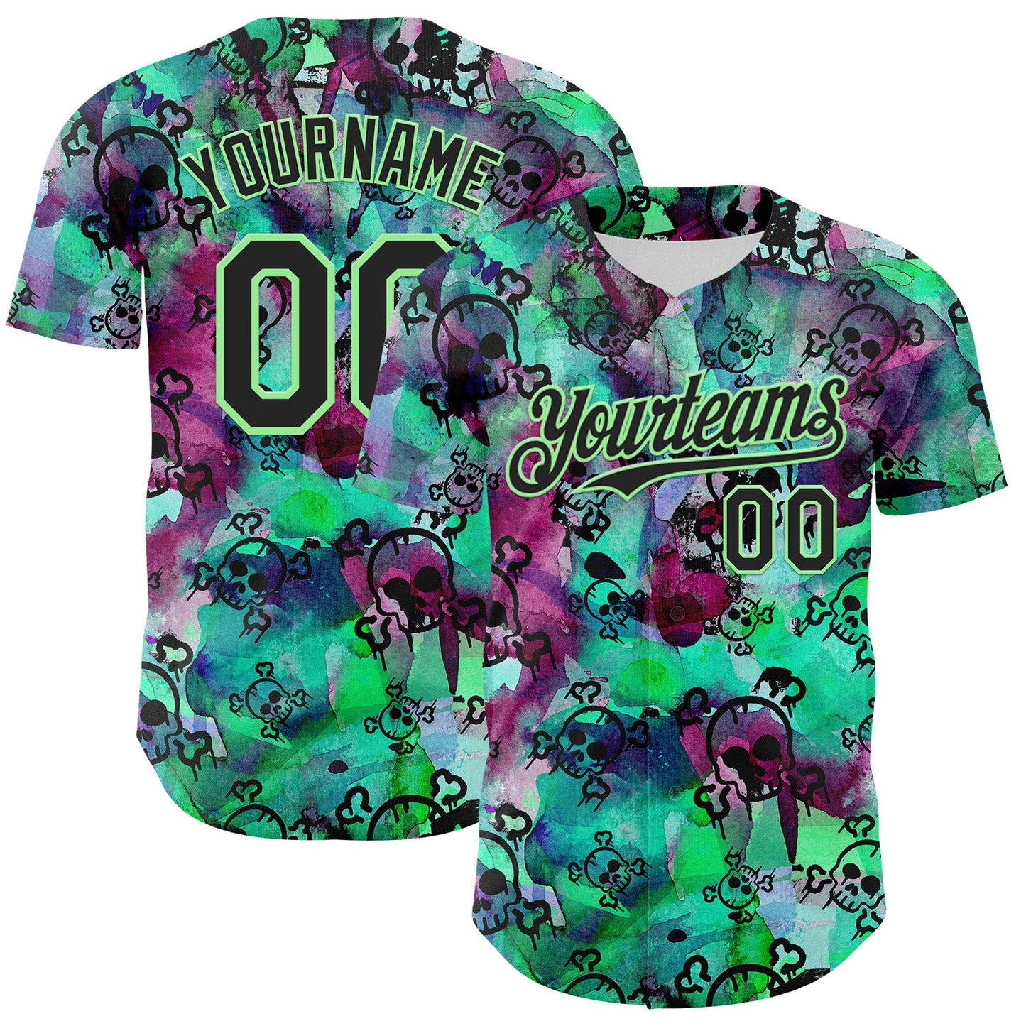 Custom Pea Green Black 3D Graffiti Skull Authentic Baseball Jersey - Main View