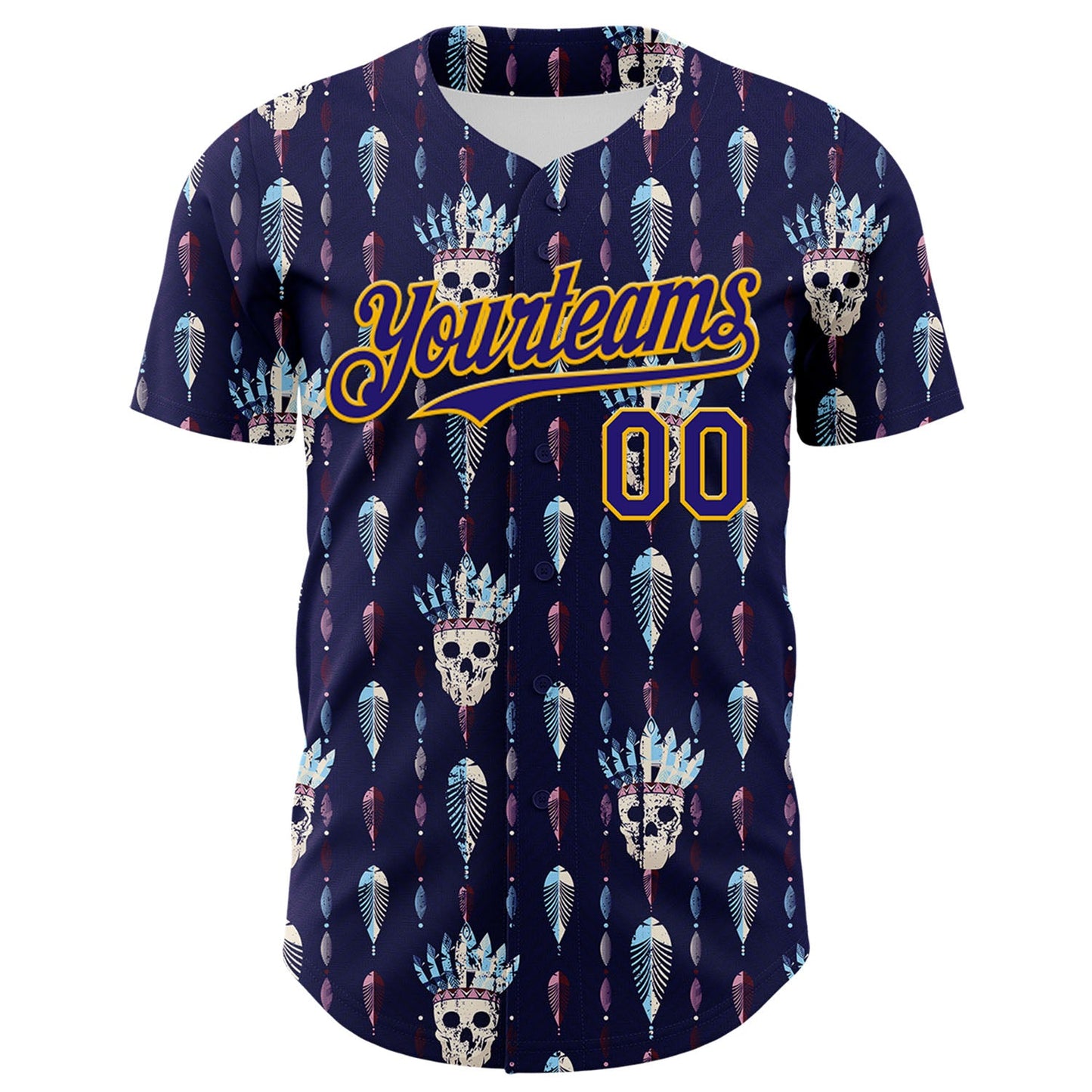 Custom Blue Dark Purple-Gold 3D Apache Skull Authentic Baseball Jersey view 2