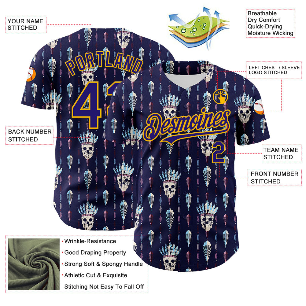 Custom Blue Dark Purple-Gold 3D Apache Skull Authentic Baseball Jersey view 3