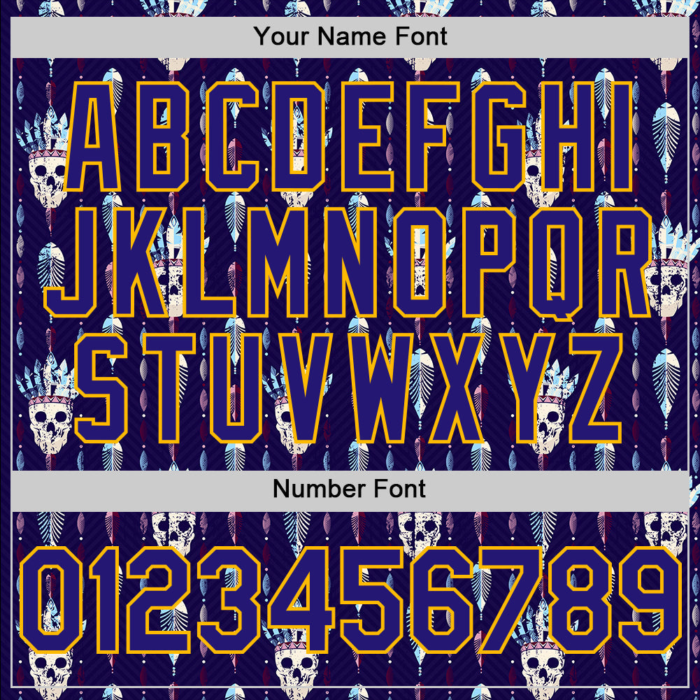 Custom Blue Dark Purple-Gold 3D Apache Skull Authentic Baseball Jersey view 5