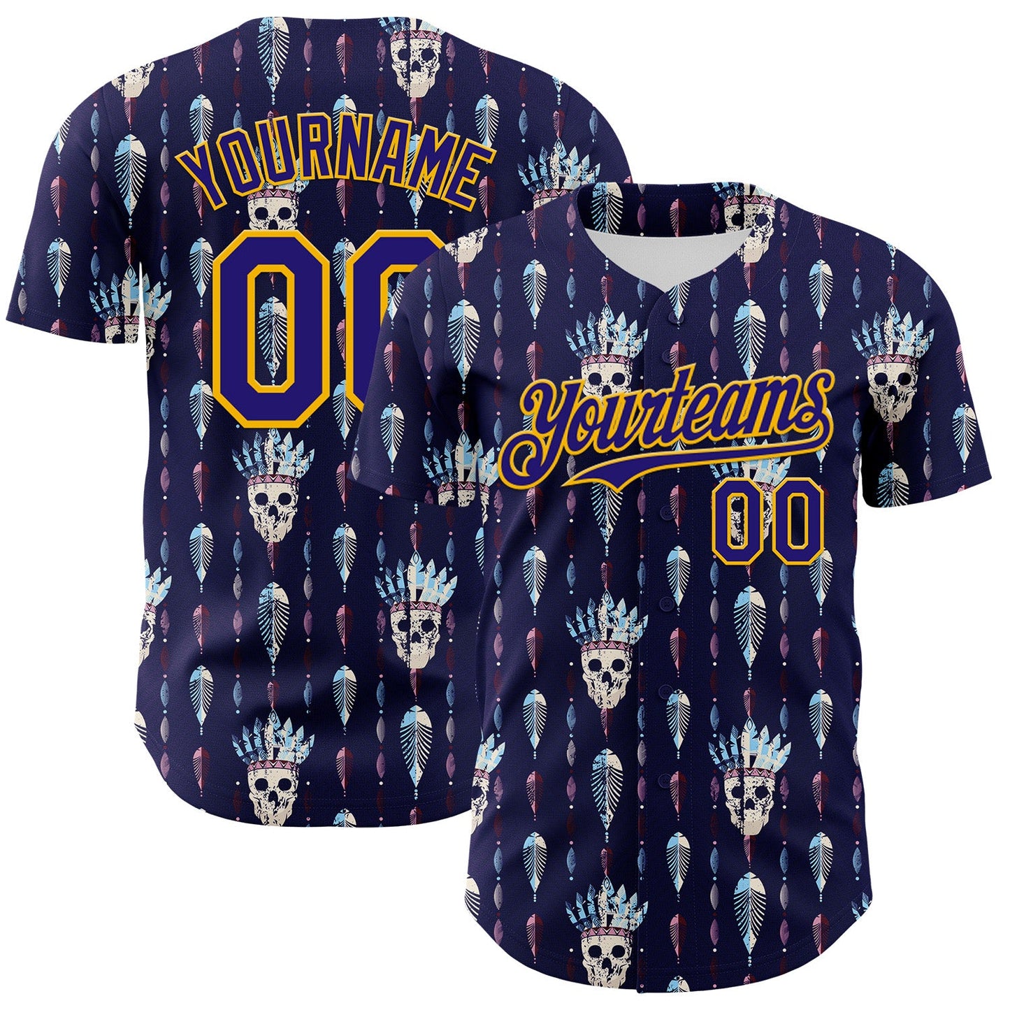 Custom Blue Dark Purple-Gold 3D Apache Skull Authentic Baseball Jersey - Main View