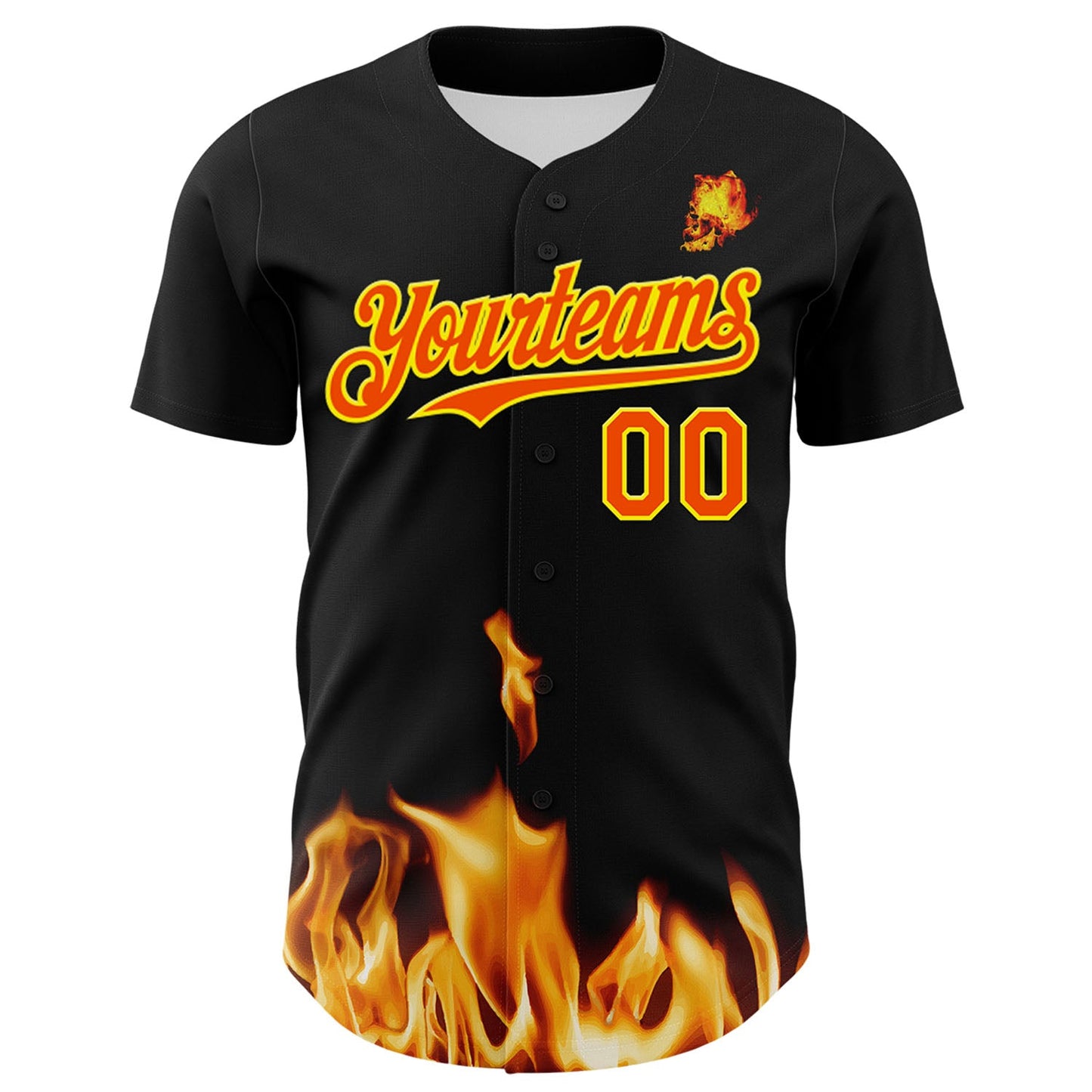 Custom Black Orange-Light Yellow 3D Flame Skull Authentic Baseball Jersey view 2