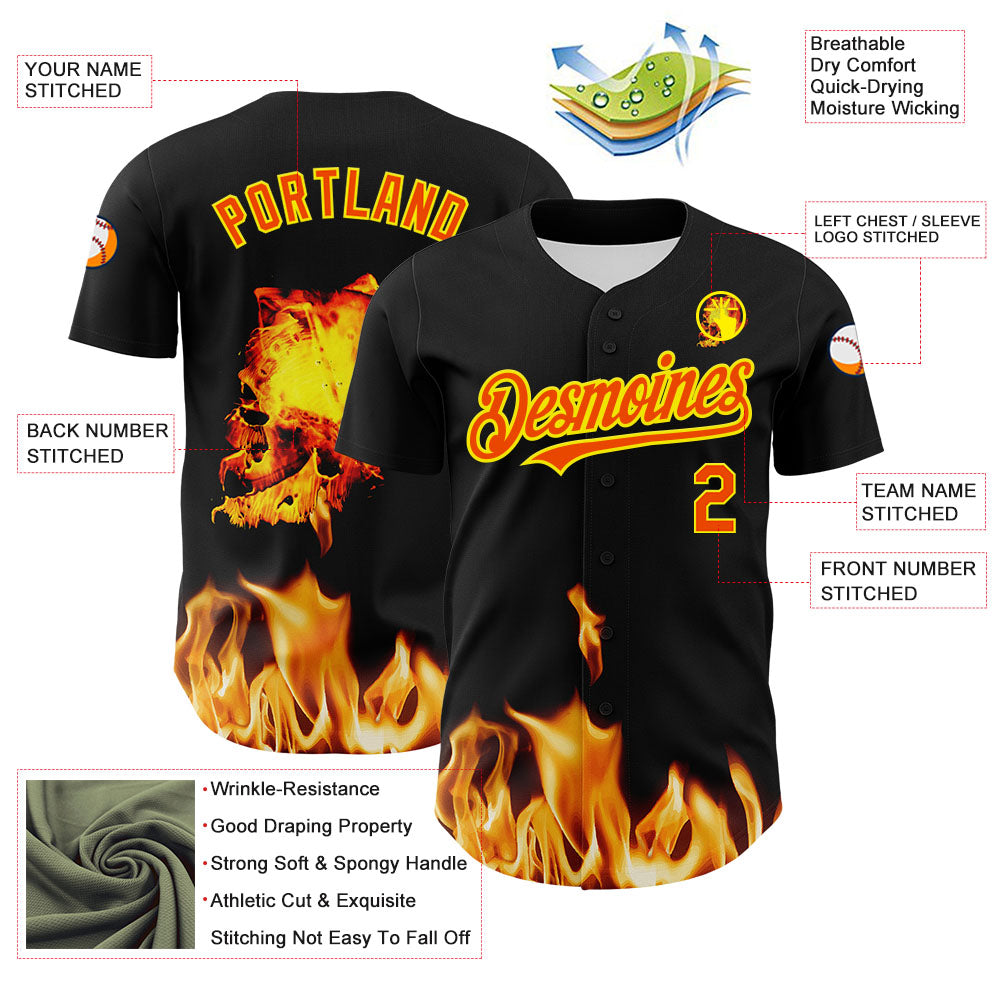 Custom Black Orange-Light Yellow 3D Flame Skull Authentic Baseball Jersey view 3