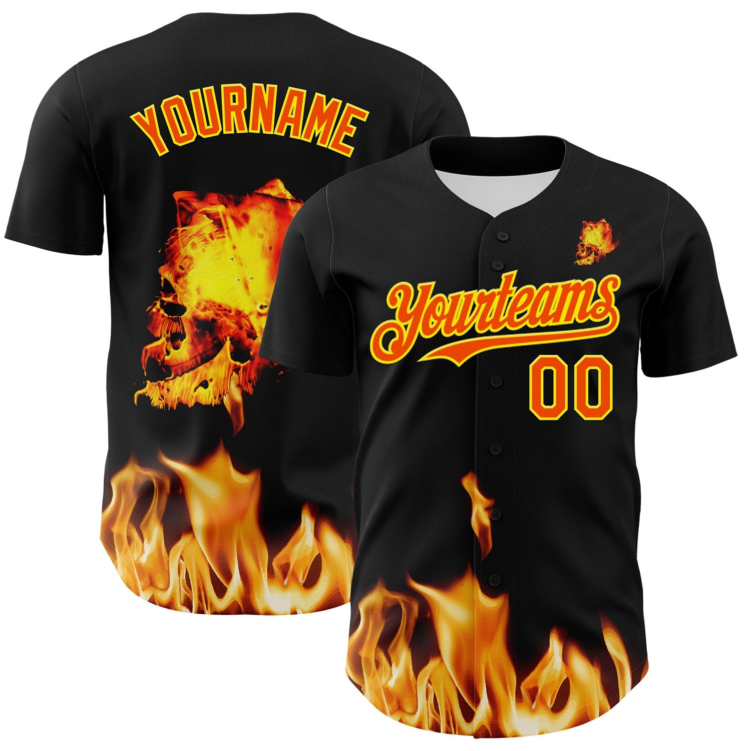 Custom Black Orange-Light Yellow 3D Flame Skull Authentic Baseball Jersey - Main View