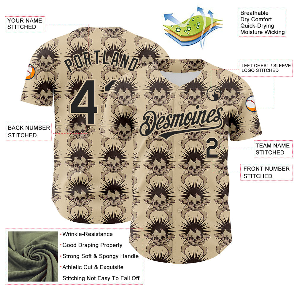 Custom City Cream Black 3D Skull Authentic Baseball Jersey view 3