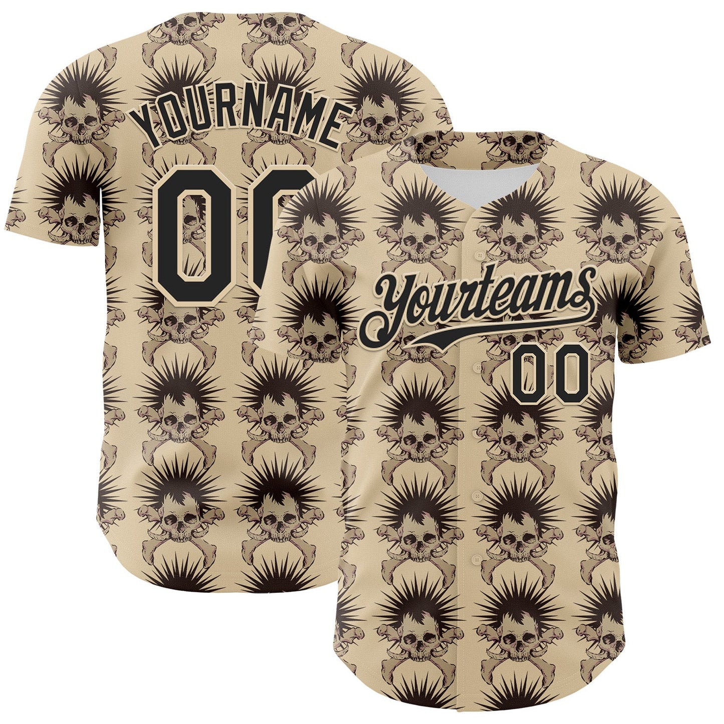 Custom City Cream Black 3D Skull Authentic Baseball Jersey - Main View