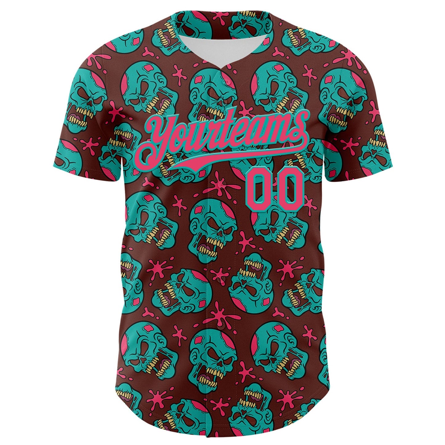 Custom Brown Neon Pink-Aqua 3D Zombie Skull Authentic Baseball Jersey view 2