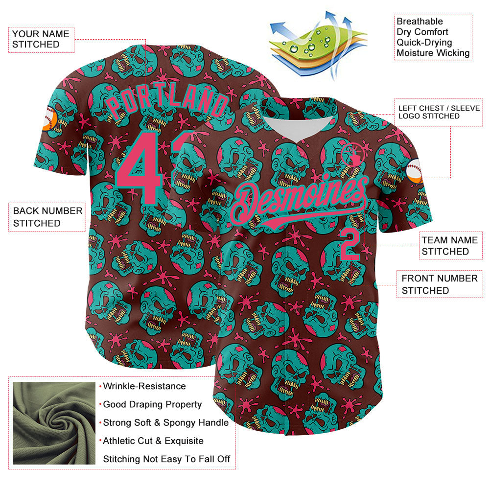 Custom Brown Neon Pink-Aqua 3D Zombie Skull Authentic Baseball Jersey view 3
