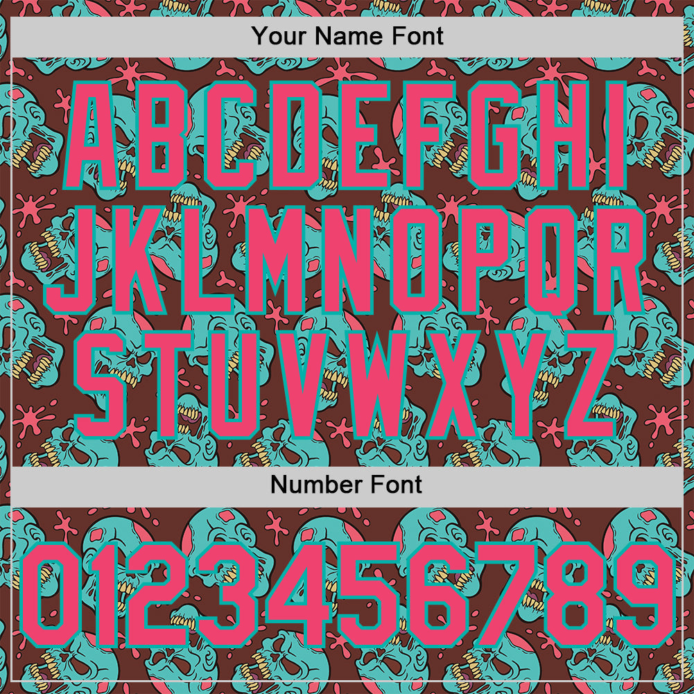 Custom Brown Neon Pink-Aqua 3D Zombie Skull Authentic Baseball Jersey view 5