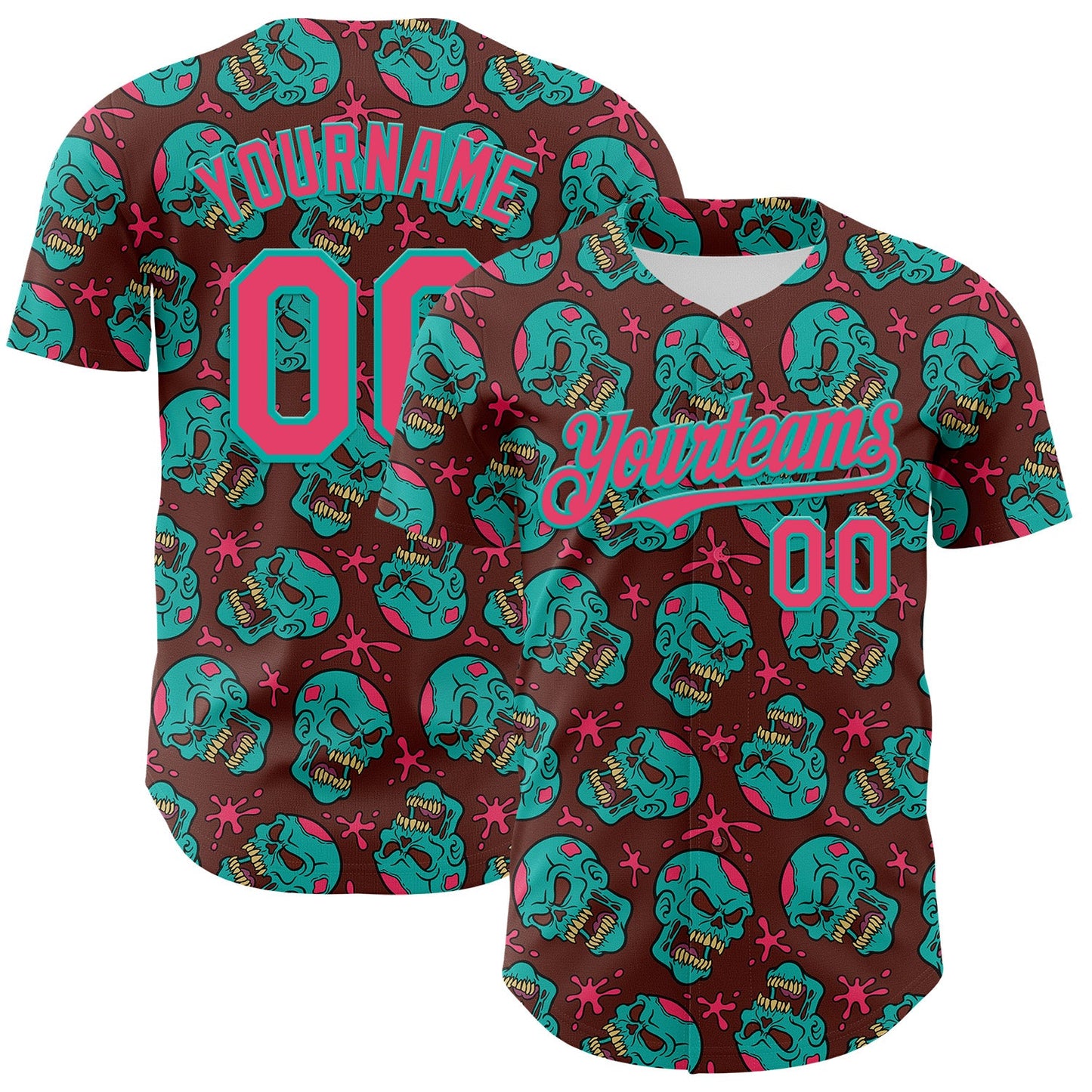 Custom Brown Neon Pink-Aqua 3D Zombie Skull Authentic Baseball Jersey - Main View