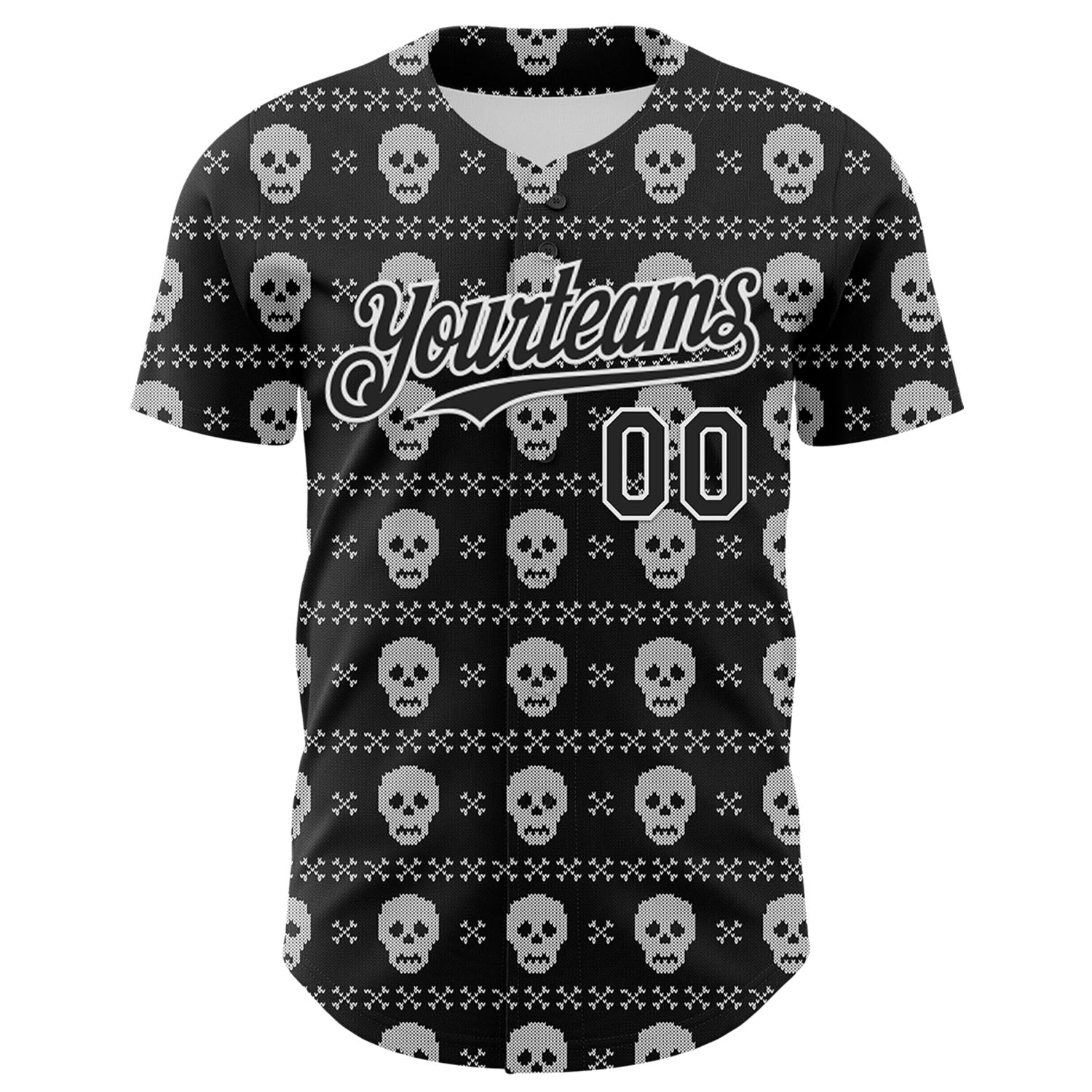 Custom Black White 3D Gothic Skull Authentic Baseball Jersey view 2