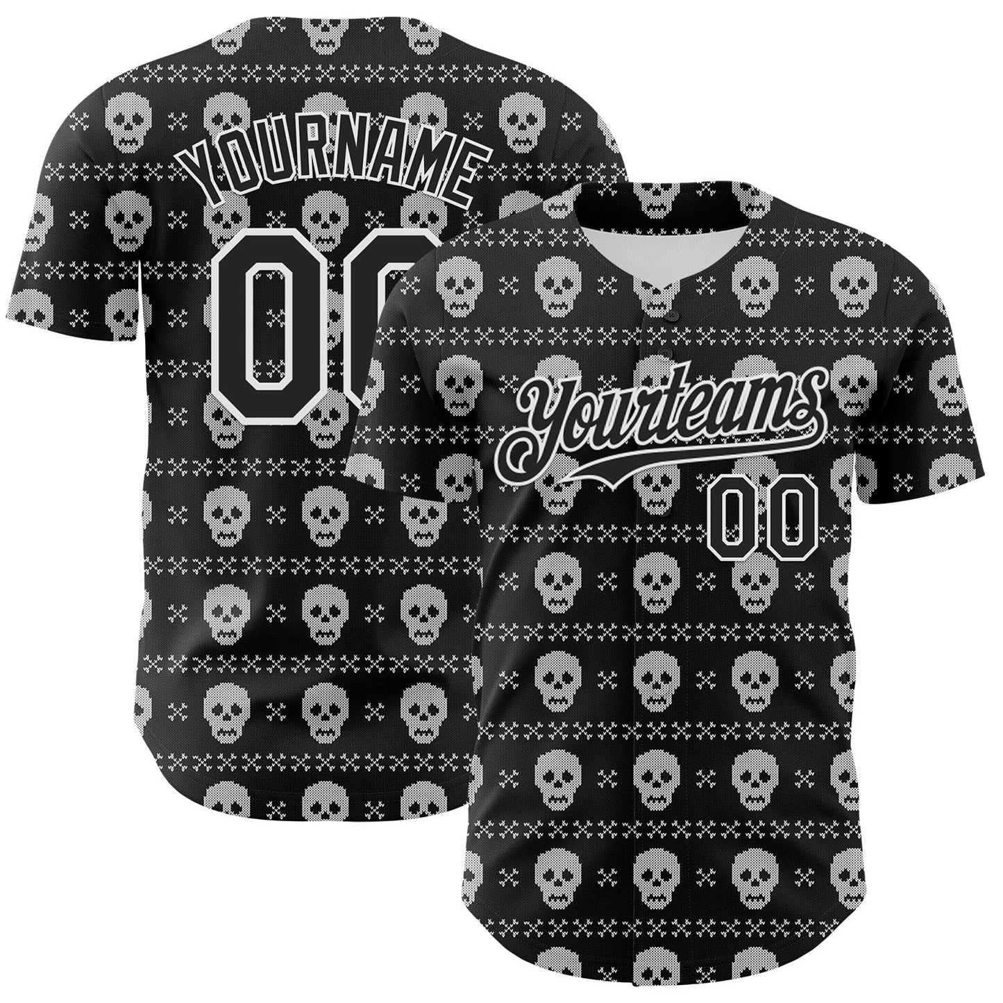 Custom Black White 3D Gothic Skull Authentic Baseball Jersey - Main View