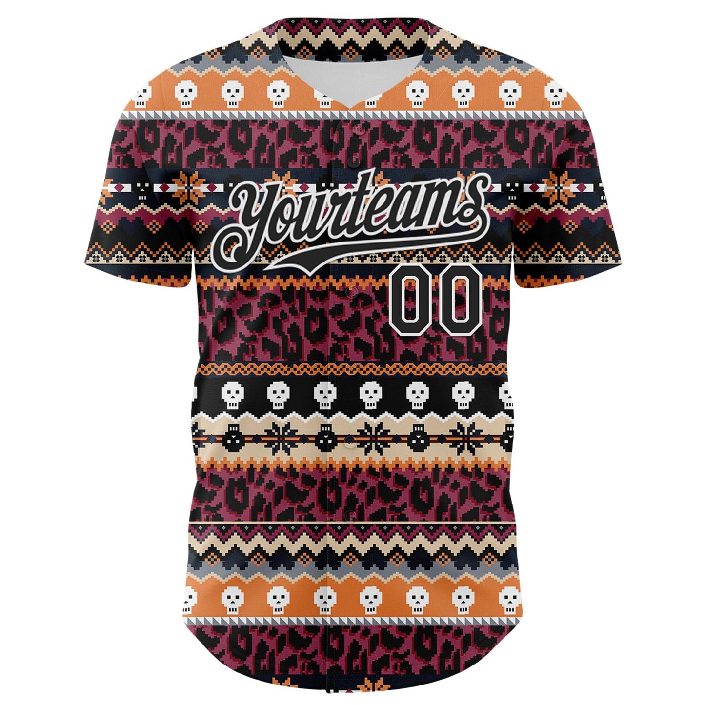 Custom Black White 3D Skull And Leopard Print Authentic Baseball Jersey view 2