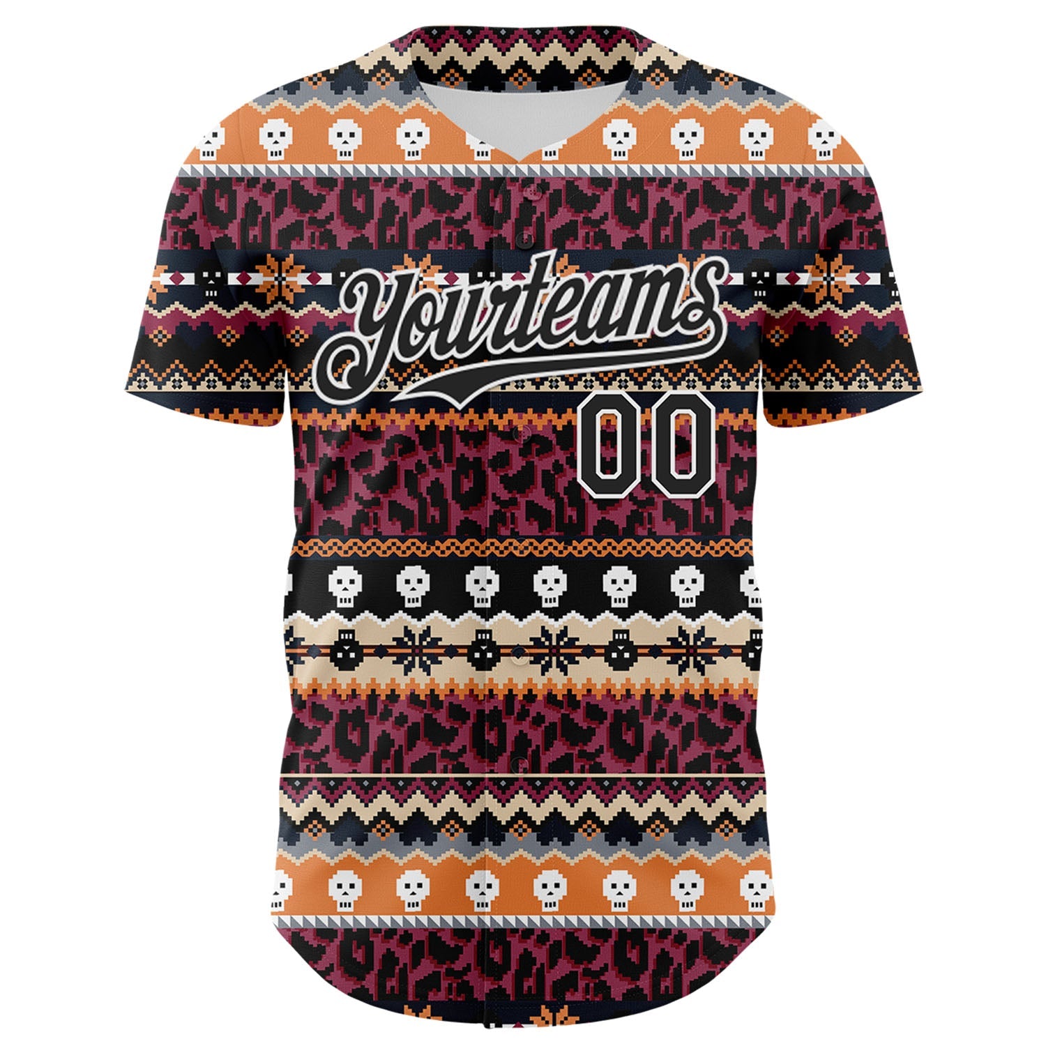 Custom Black White 3D Skull And Leopard Print Authentic Baseball Jersey view 2