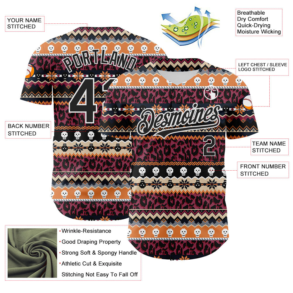 Custom Black White 3D Skull And Leopard Print Authentic Baseball Jersey view 3