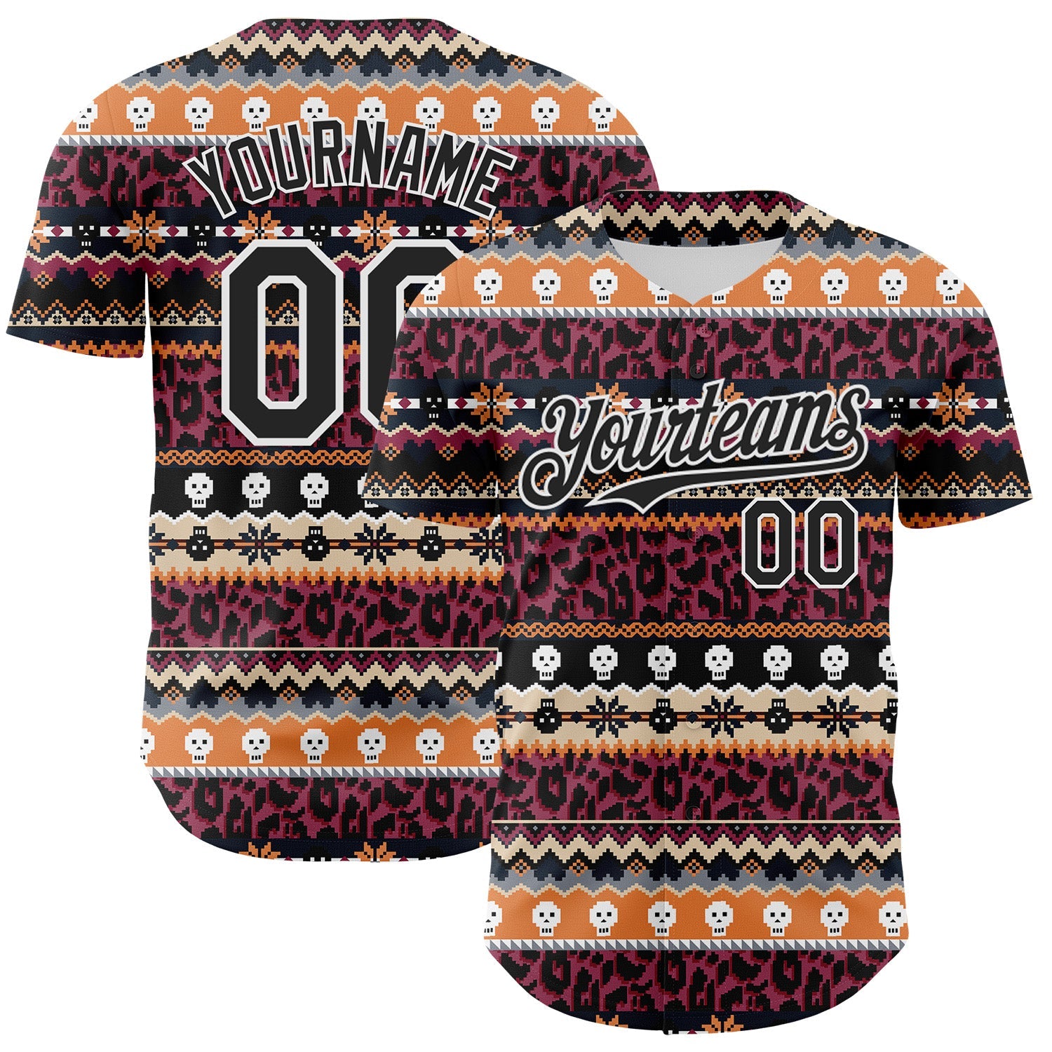 Custom Black White 3D Skull And Leopard Print Authentic Baseball Jersey - Main View