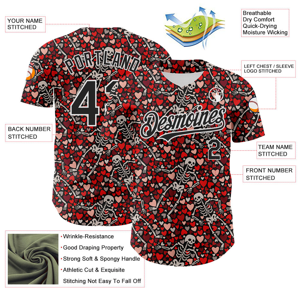 Custom Black White 3D Skeleton And Heart Authentic Baseball Jersey view 3