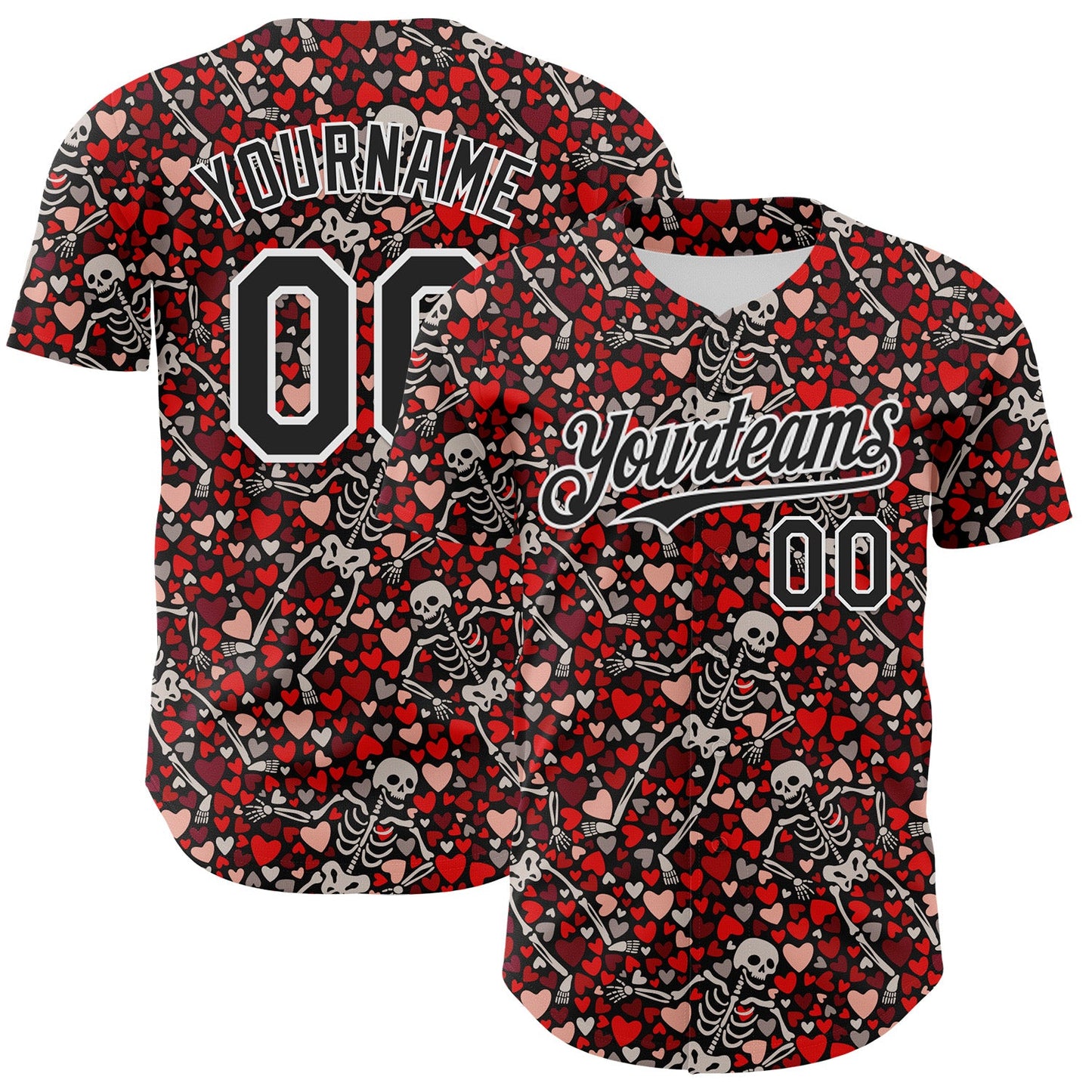 Custom Black White 3D Skeleton And Heart Authentic Baseball Jersey - Main View
