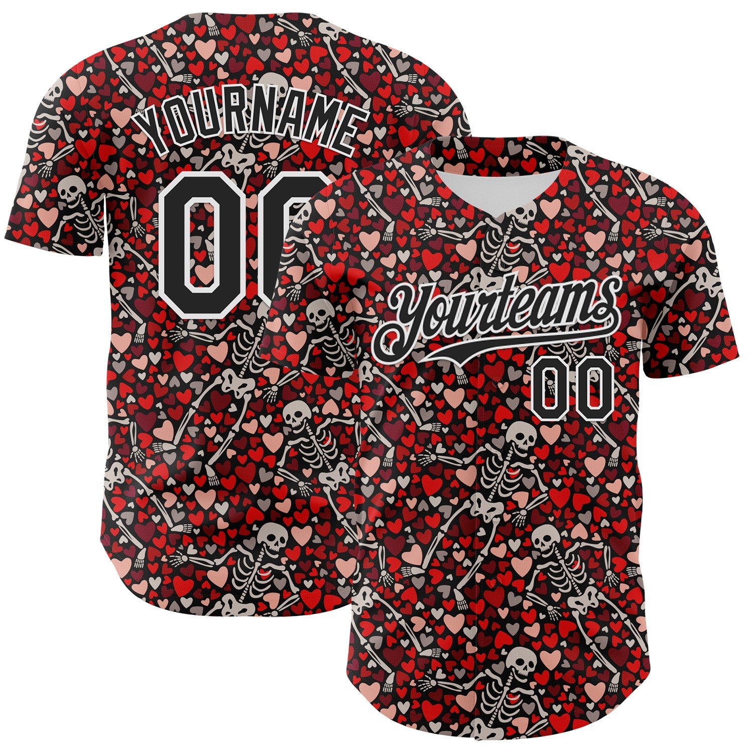 Custom Black White 3D Skeleton And Heart Authentic Baseball Jersey - Main View