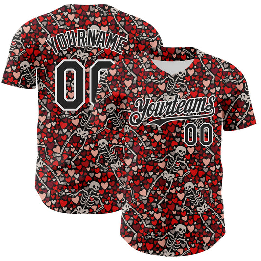 Custom Black White 3D Skeleton And Heart Authentic Baseball Jersey - Main View