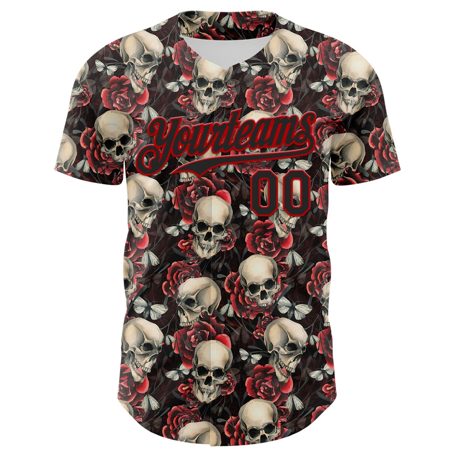 Custom Black Red 3D Skeleton And Flower Authentic Baseball Jersey view 2
