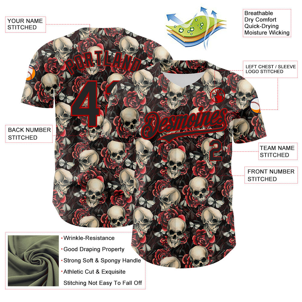 Custom Black Red 3D Skeleton And Flower Authentic Baseball Jersey view 3