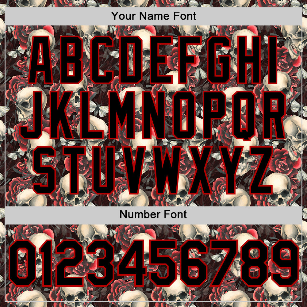 Custom Black Red 3D Skeleton And Flower Authentic Baseball Jersey view 5