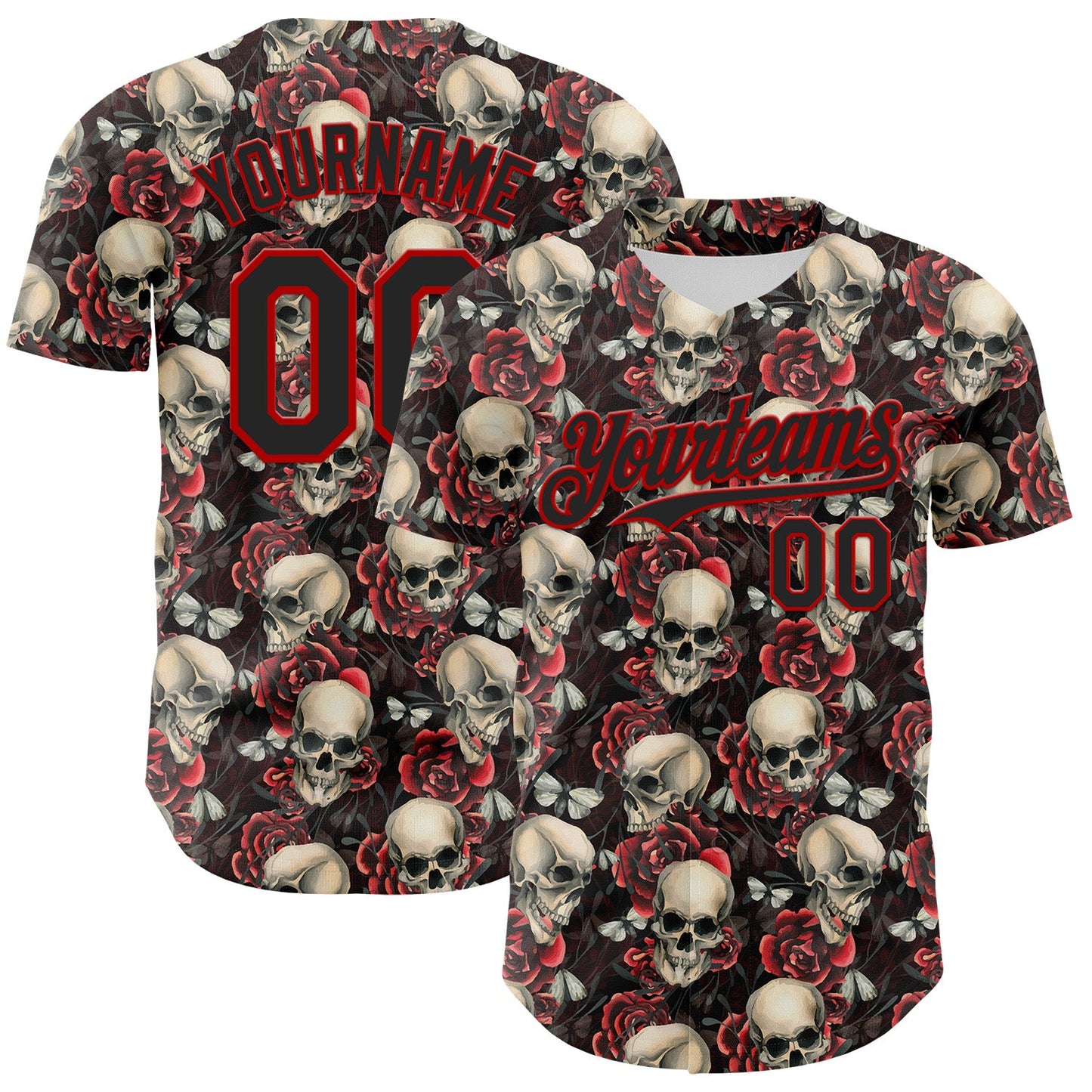 Custom Black Red 3D Skeleton And Flower Authentic Baseball Jersey - Main View