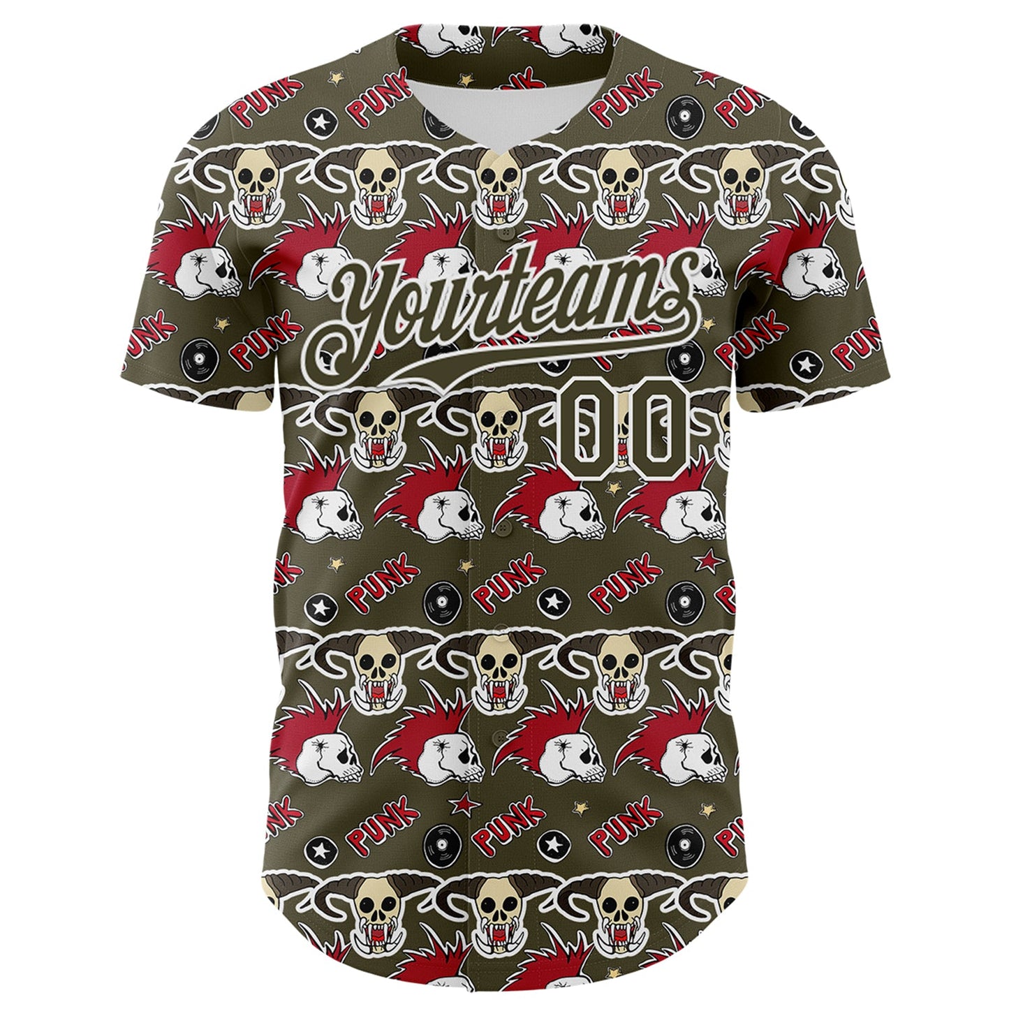 Custom Olive White 3D Punk Rock Skull Authentic Baseball Jersey view 2
