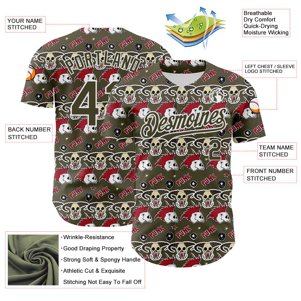 Custom Olive White 3D Punk Rock Skull Authentic Baseball Jersey view 3