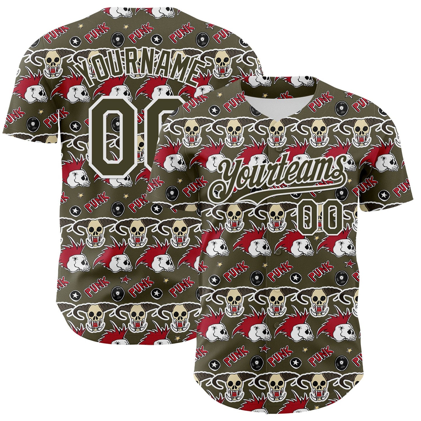 Custom Olive White 3D Punk Rock Skull Authentic Baseball Jersey - Main View