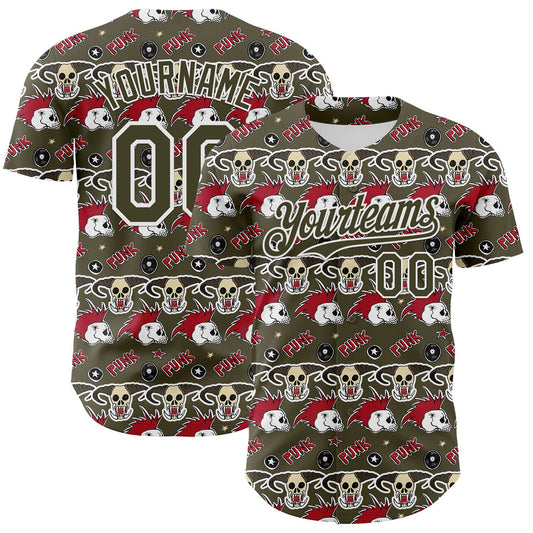 Custom Olive White 3D Punk Rock Skull Authentic Baseball Jersey - Main View