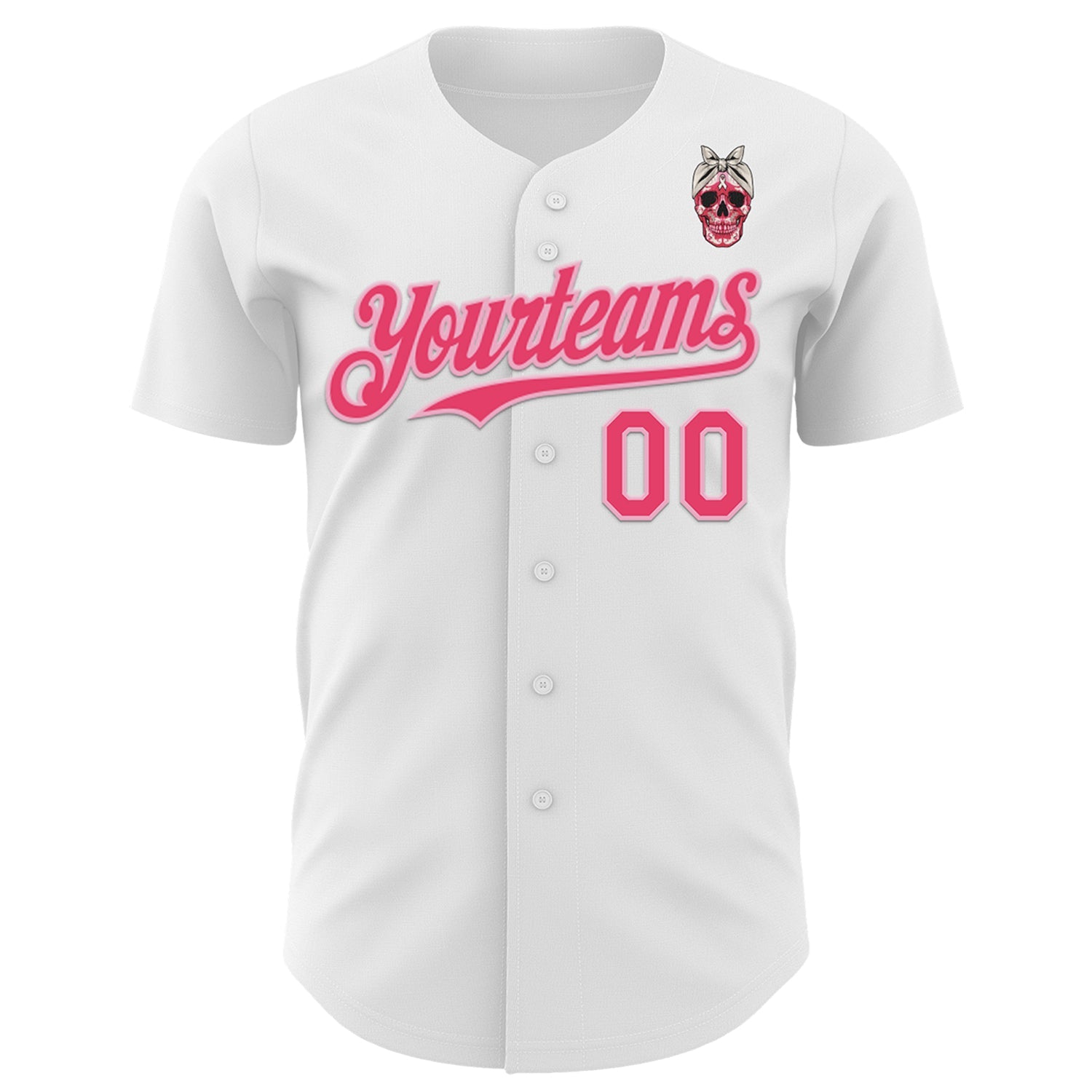 Custom White Neon Pink-Light Pink 3D Pink Ribbon Skull Authentic Baseball Jersey view 2