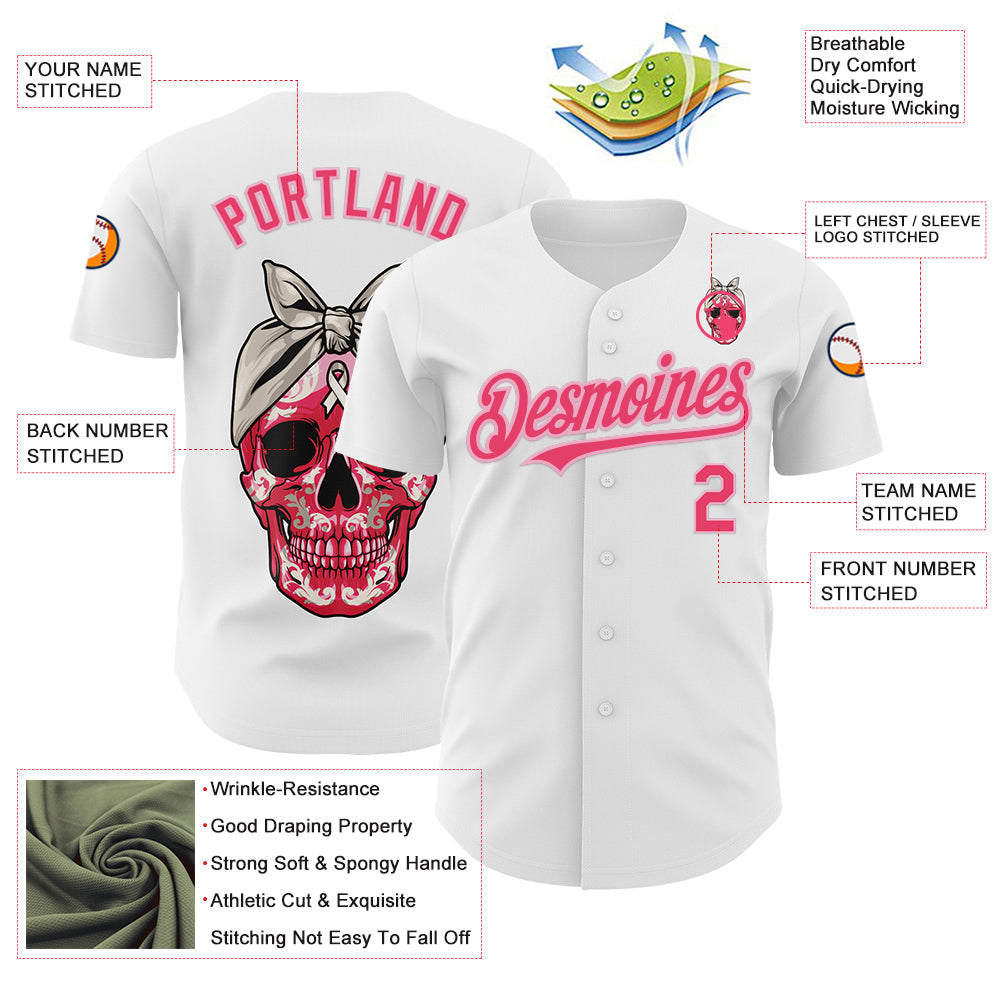Custom White Neon Pink-Light Pink 3D Pink Ribbon Skull Authentic Baseball Jersey view 3