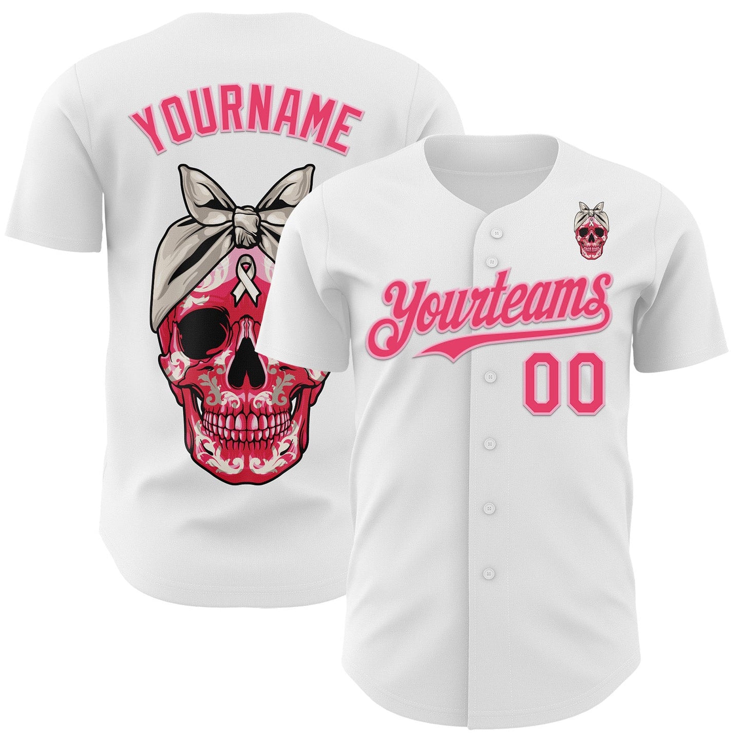 Custom White Neon Pink-Light Pink 3D Pink Ribbon Skull Authentic Baseball Jersey - Main View